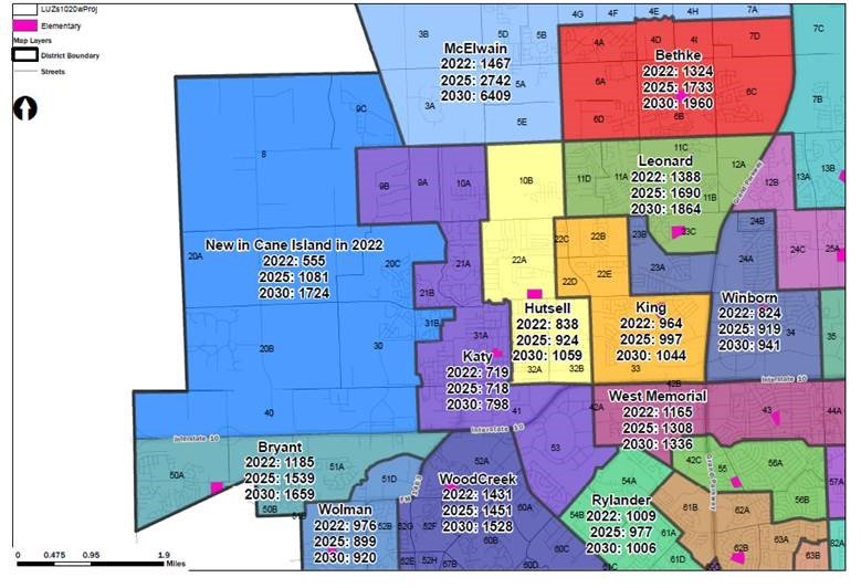 Proposed changes to the attendance boundaries for Bryant Elementary would keep students south of I-10 at that campus and keep campus populations manageable. Many of the students would attend Katy ISD's upcoming Elementary No. 44 in the Cane Island master planned community.